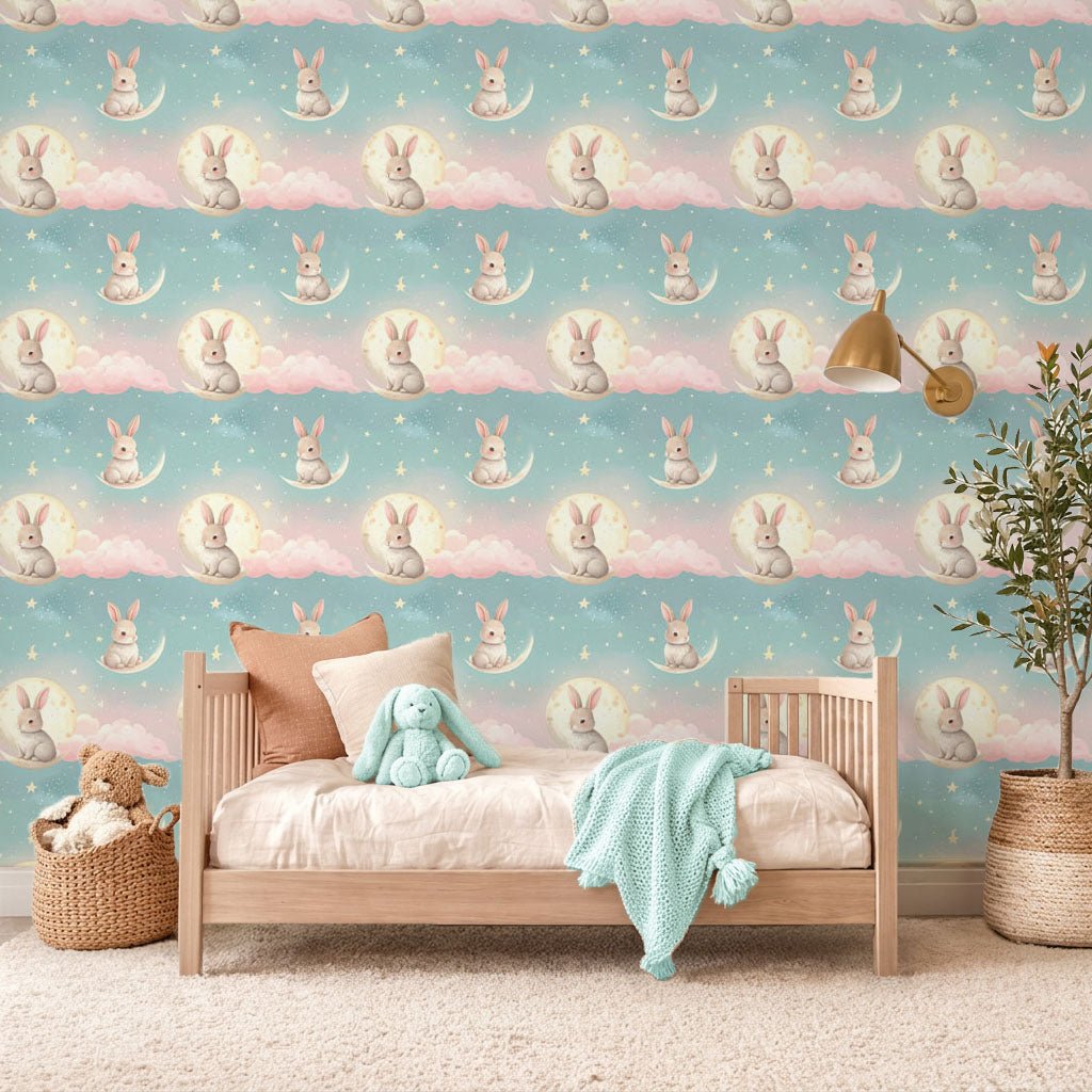 Moonlit Bunny Garden Wallpaper Peel and Stick Wallpaper | Accent Haus
