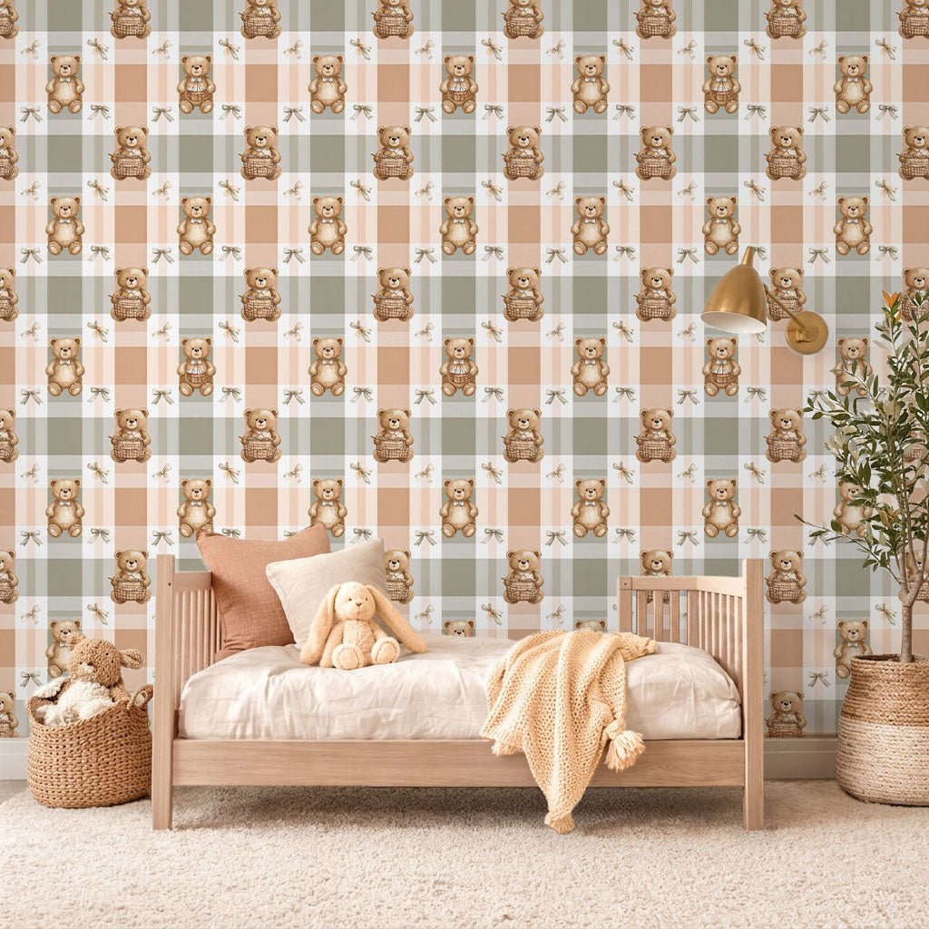Teddy Bear Picnic Plaid Wallpaper Peel and Stick Wallpaper | Accent Haus
