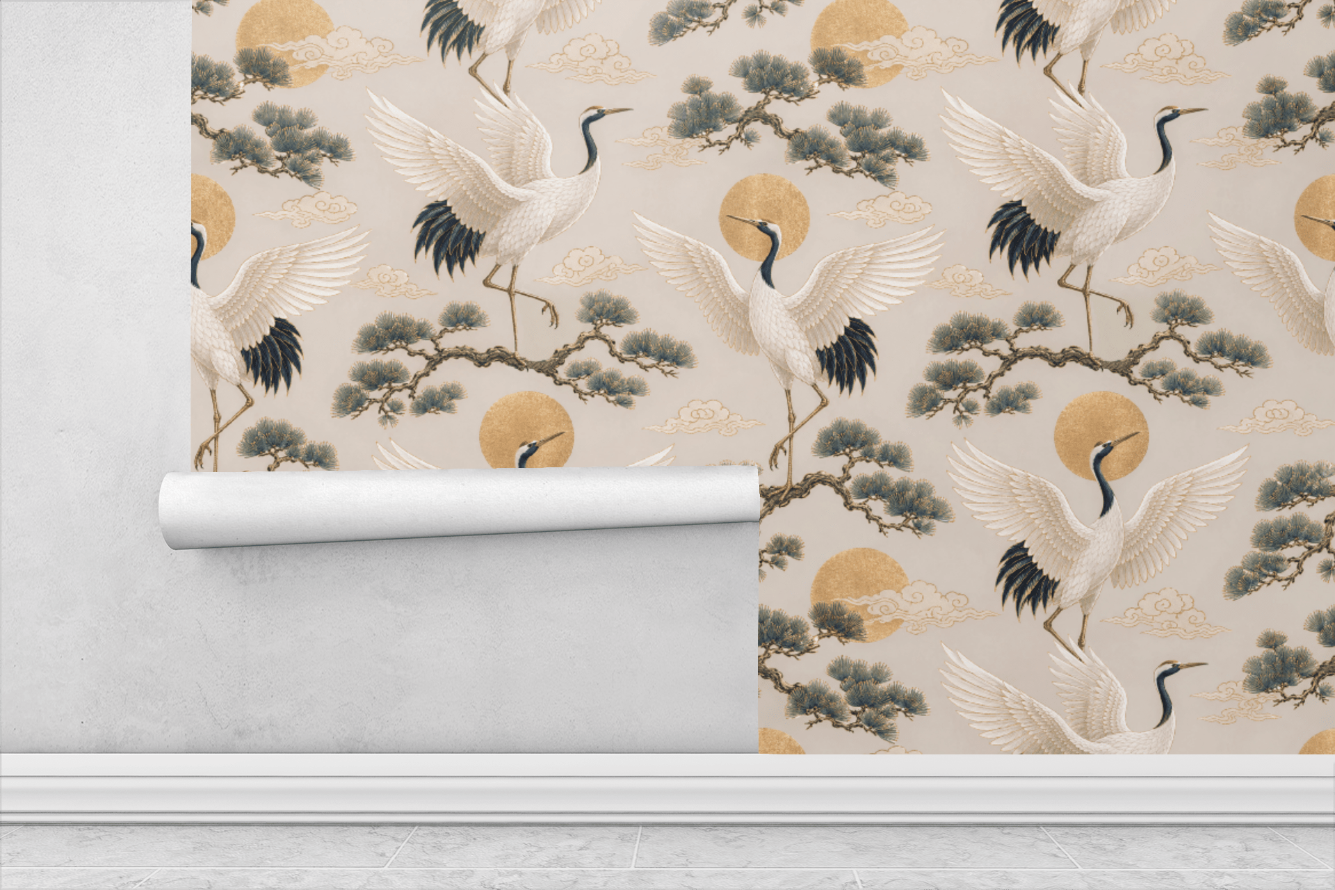 Golden Crane Motif Wallpaper Peel and Stick Wallpaper | Accent Haus