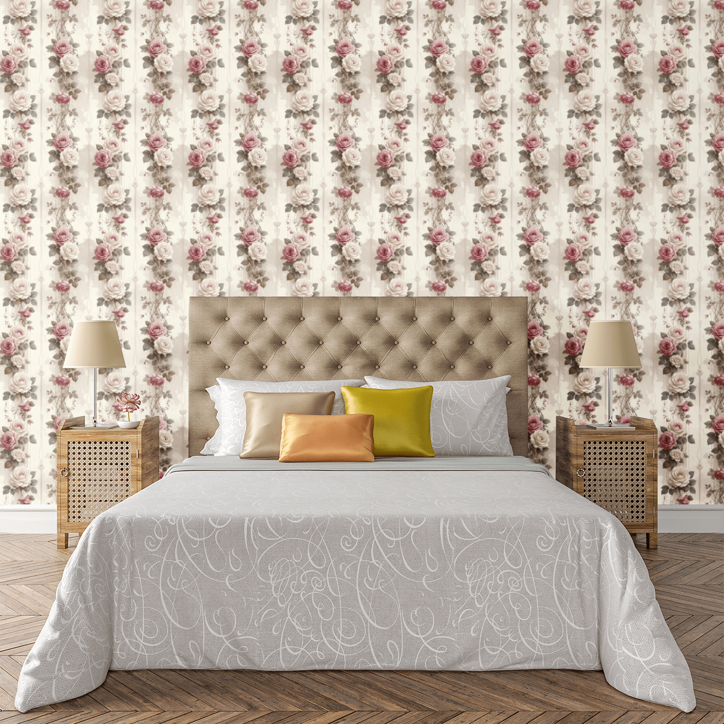 Botanical Ribbon Roses Wallpaper Peel and Stick Wallpaper | Accent Haus