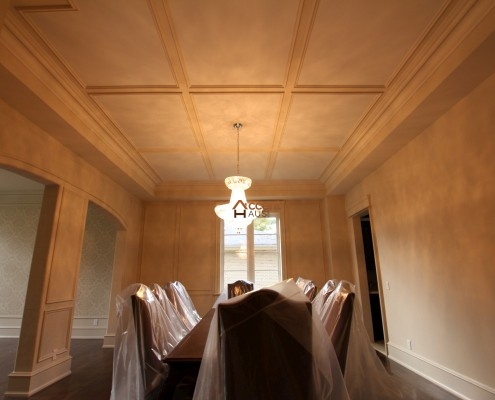 Box patterned flat ceiling for a dining room
