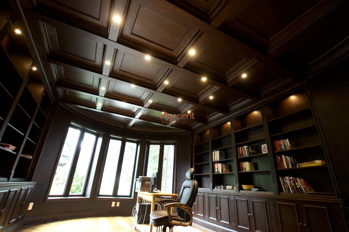 Wood paneled coffered ceiling designed