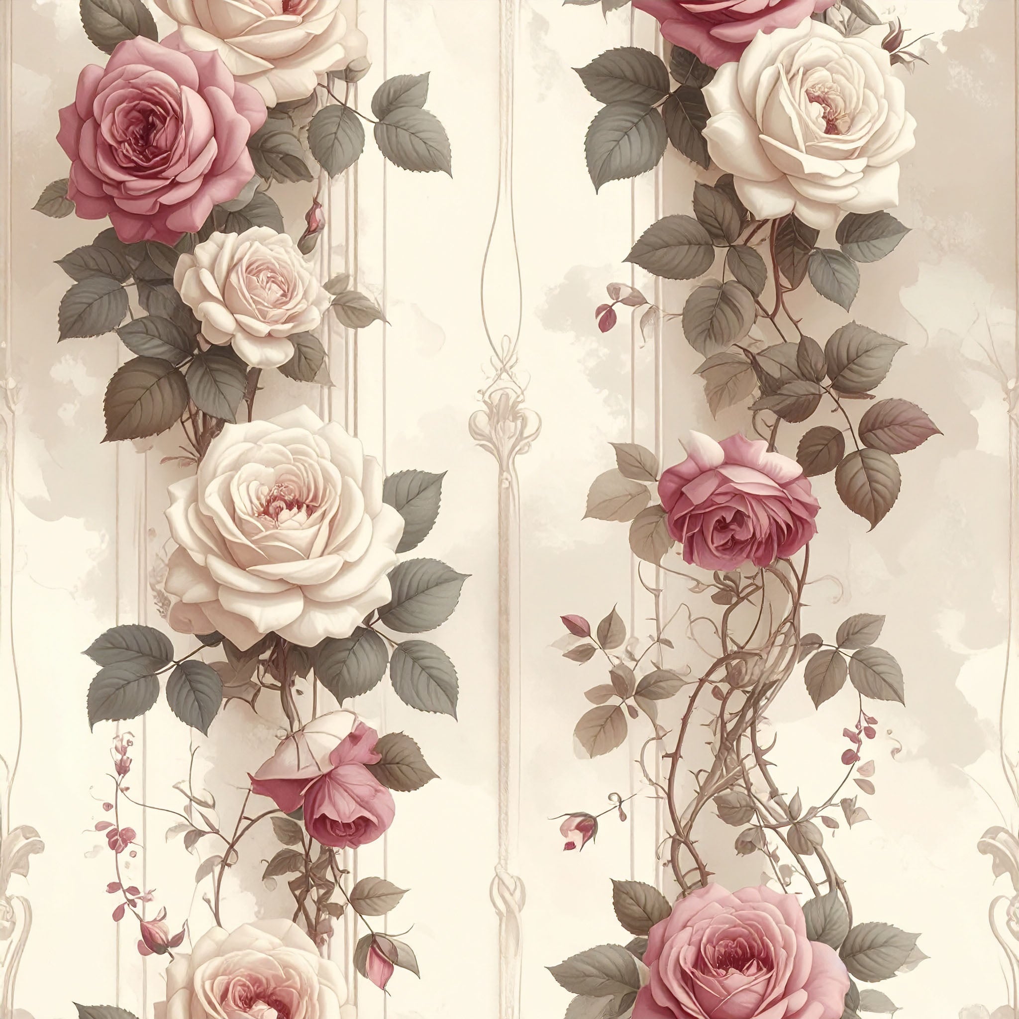 Botanical Ribbon Roses Wallpaper