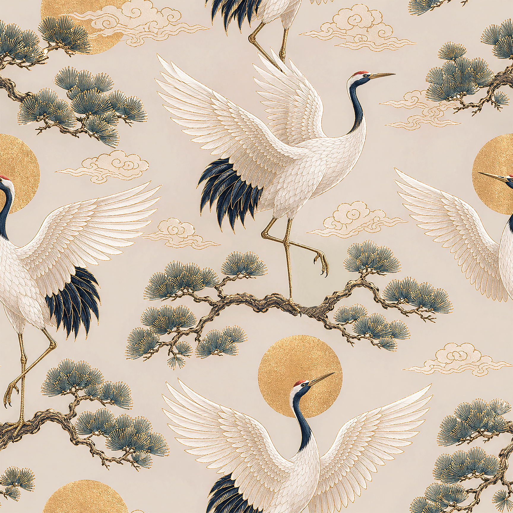 Golden Crane Motif Wallpaper