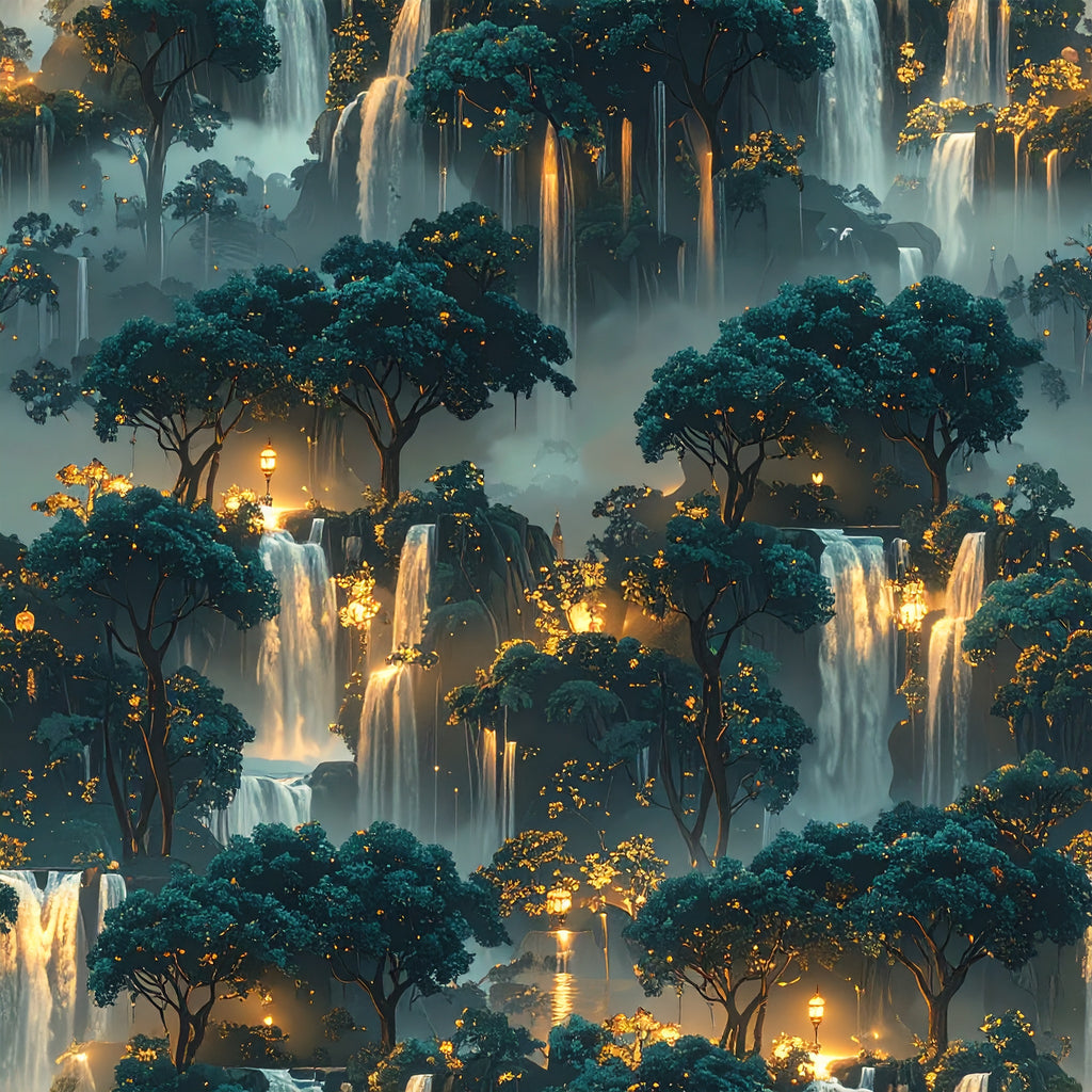 Lantern Grove Waterfall Wallpaper