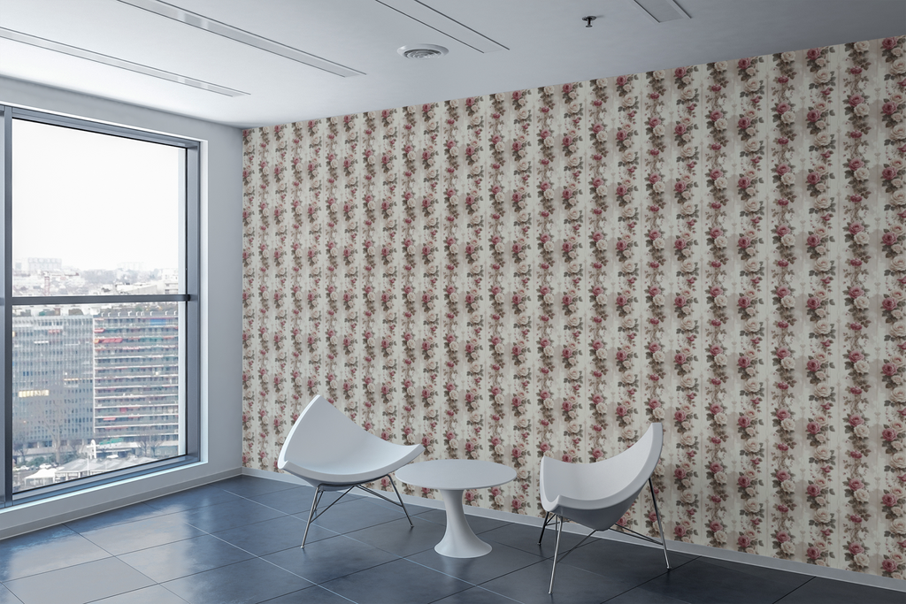 Botanical Ribbon Roses Wallpaper