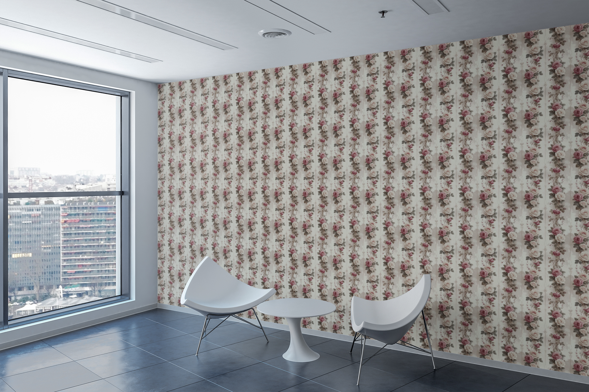 Botanical Ribbon Roses Wallpaper