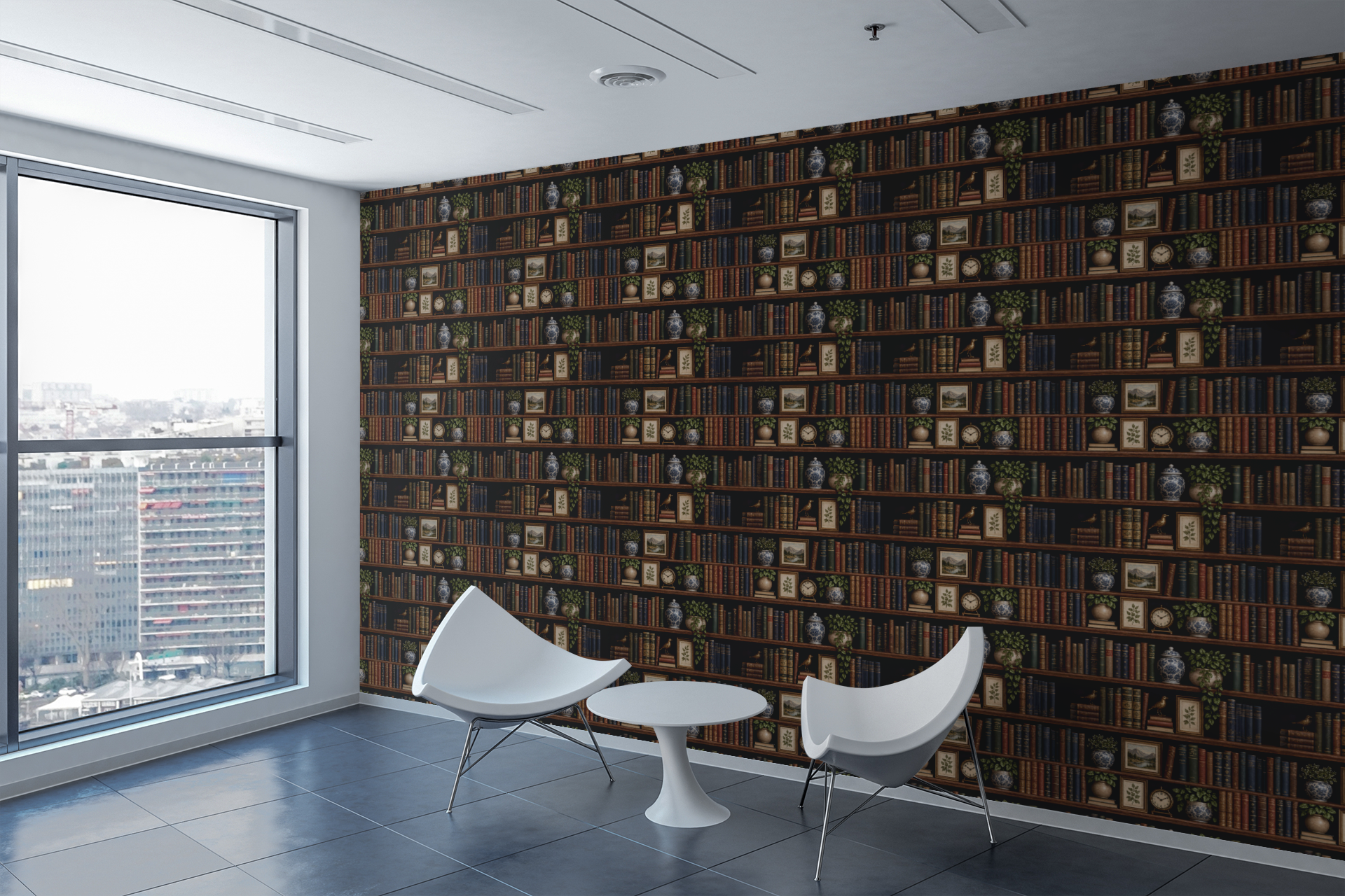 Vintage Library Shelves Wallpaper