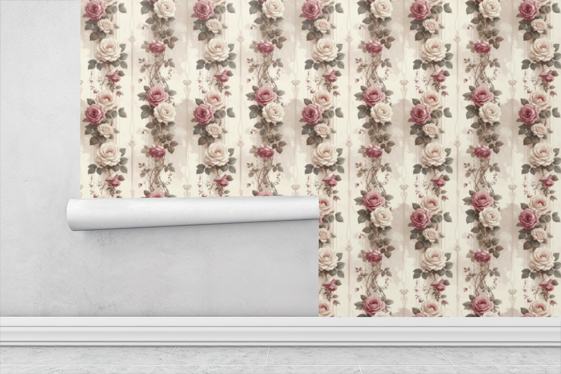 Botanical Ribbon Roses Wallpaper