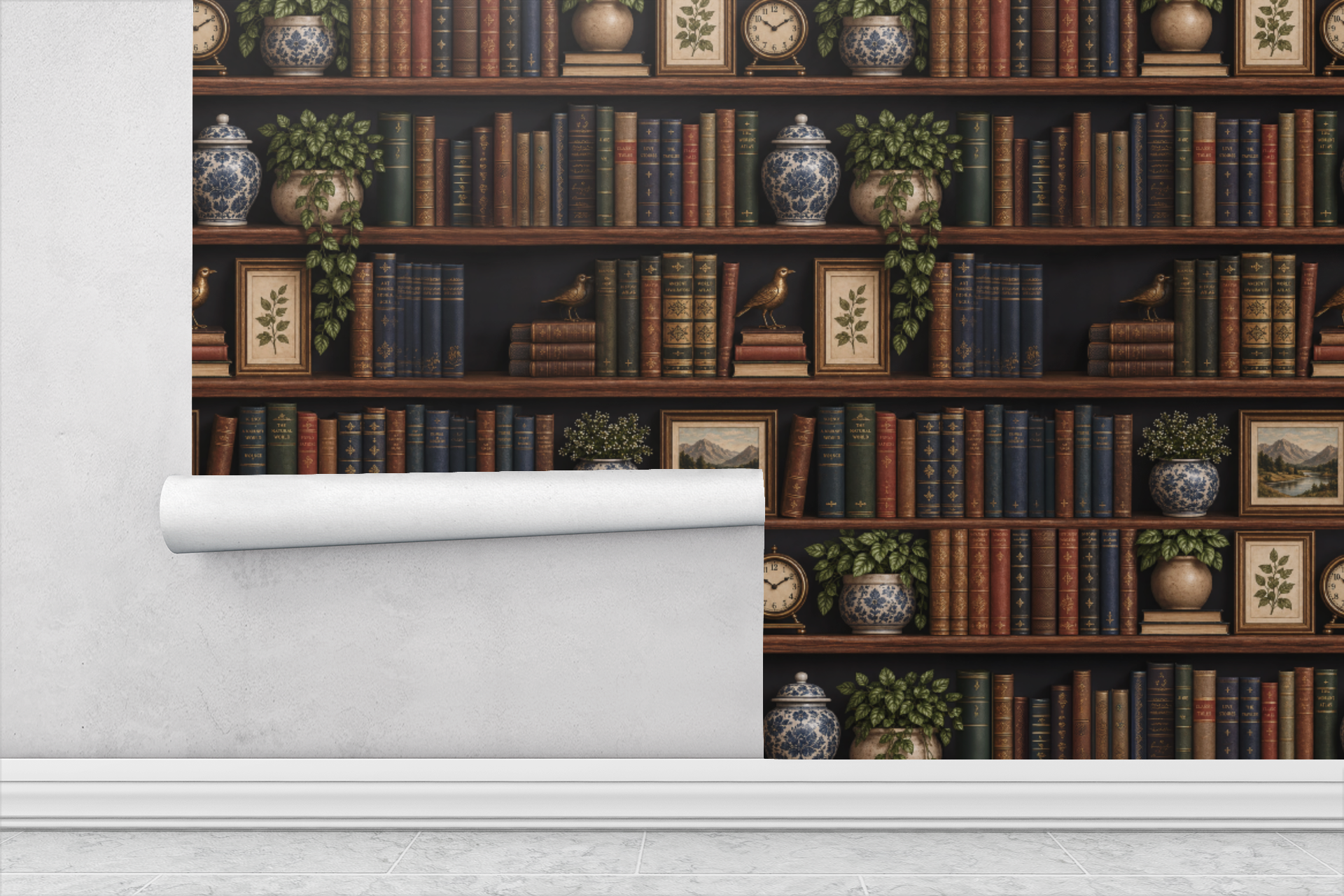 Vintage Library Shelves Wallpaper