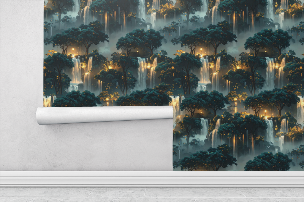 Lantern Grove Waterfall Wallpaper