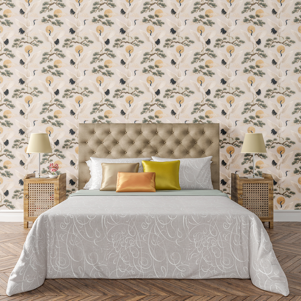 Golden Crane Motif Wallpaper