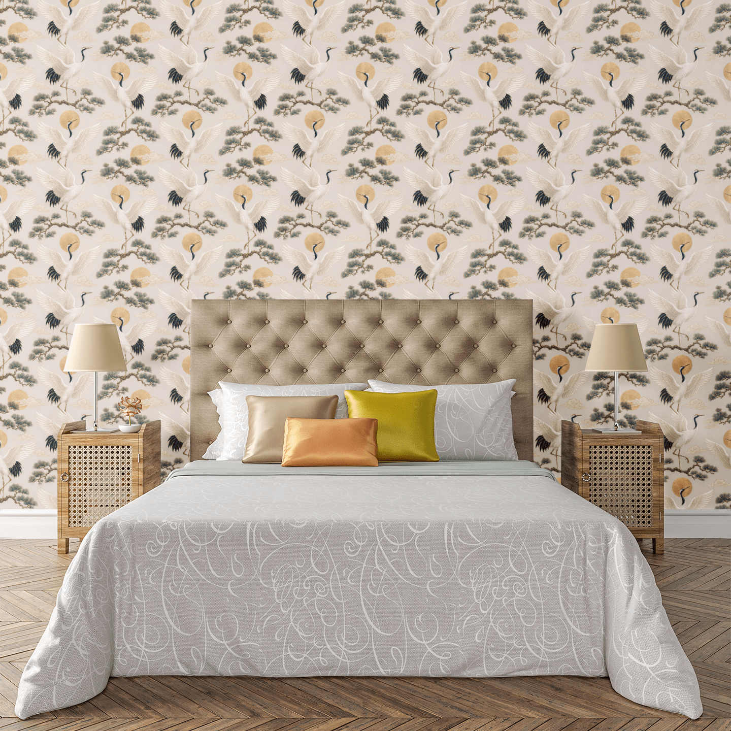 Golden Crane Motif Wallpaper Peel and Stick Wallpaper | Accent Haus