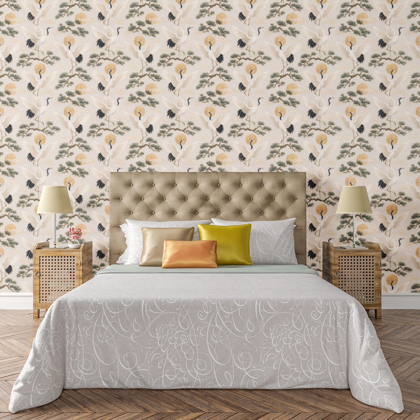 Golden Crane Motif Wallpaper