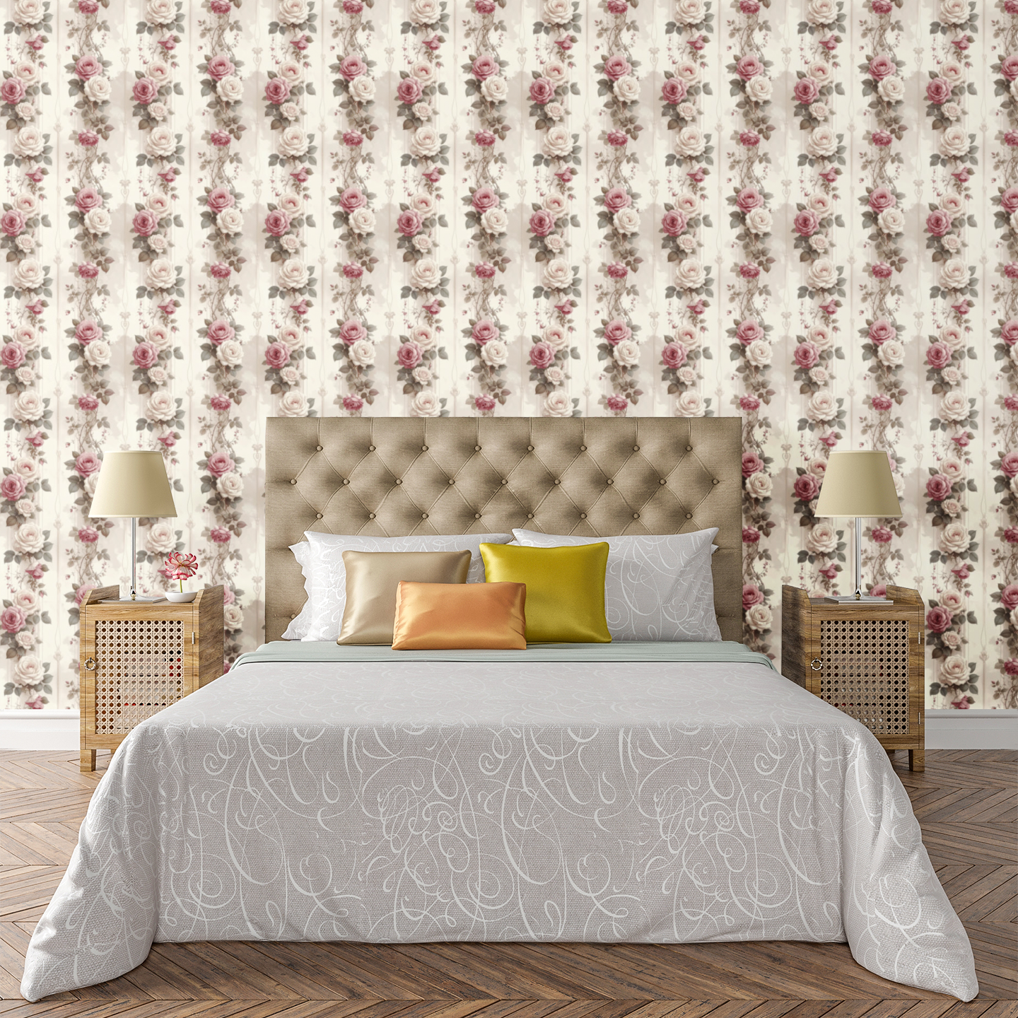 Botanical Ribbon Roses Wallpaper